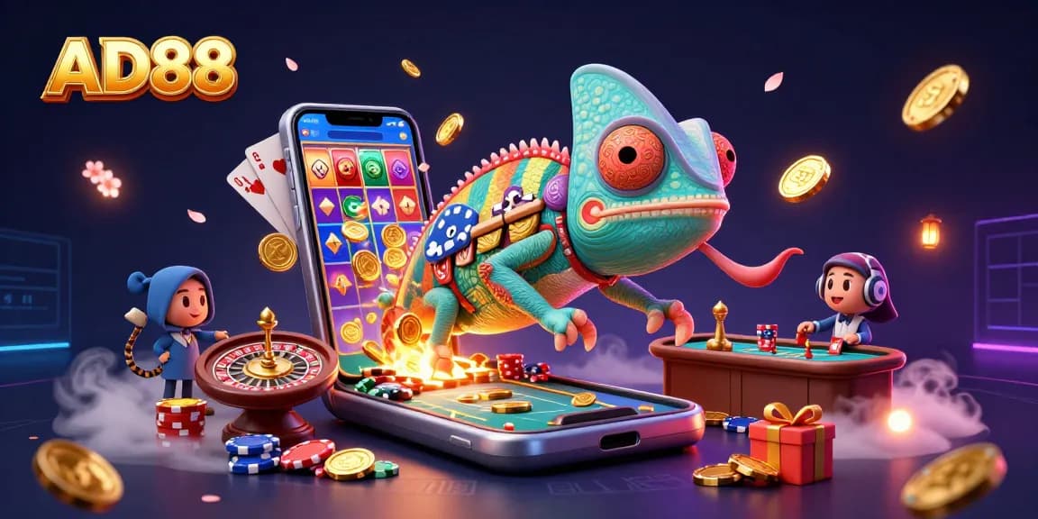 Engage with AD88's vibrant casino experience and colorful slot games in a dynamic 3D illustration.