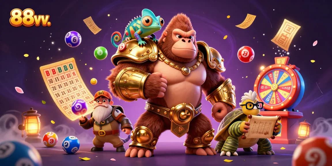 Engage in thrilling gambling activities with 88vv. in a vibrant, dynamic 3D casino illustration.