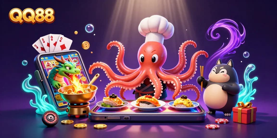 Engage with QQ88 in a dynamic online casino scene featuring an octopus chef and dragon companion.