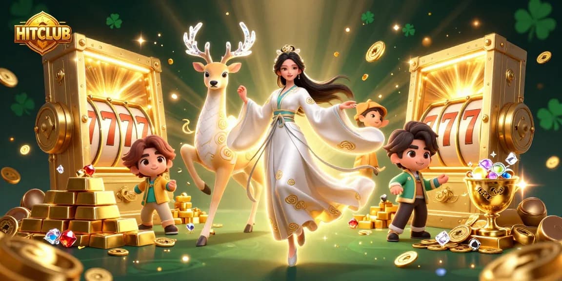 HITCLUB gaming experience with a stunning Asian woman, celestial deer, slot reels, and vibrant treasures.