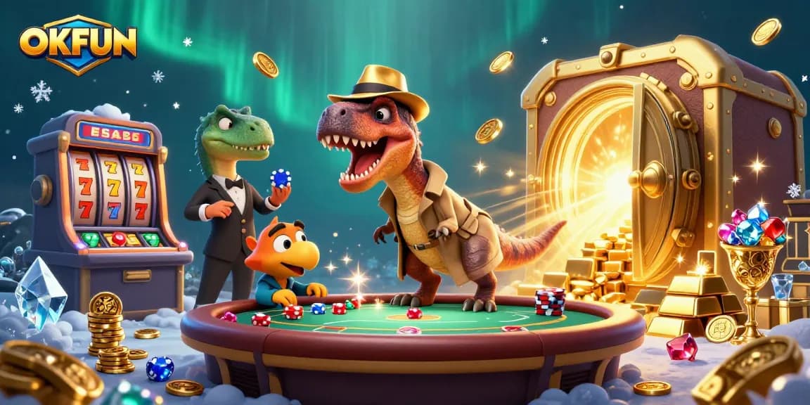 Experience thrilling action at OKFUN casino with cartoon characters in vibrant 3D illustration.