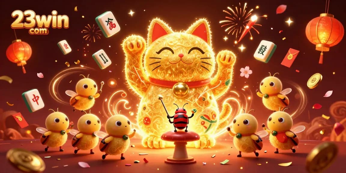 Experience the vibrant excitement of 23win com with a dynamic casino-themed illustration showcasing a lucky cat.