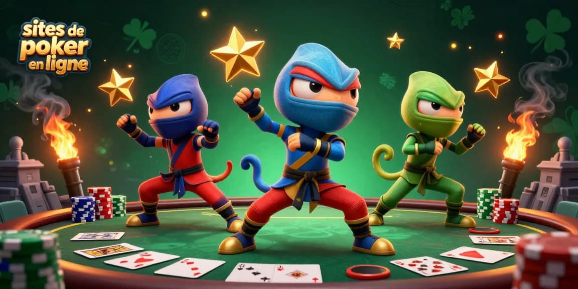 Jouez sur des sites de poker en ligne avec stratégie lors d'une scène animée, affichant des tables et des cartes colorées.