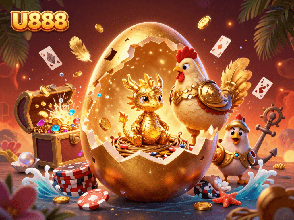 Experience U888's thrill with a golden dragon and poker chips in a vibrant casino adventure illustration.
