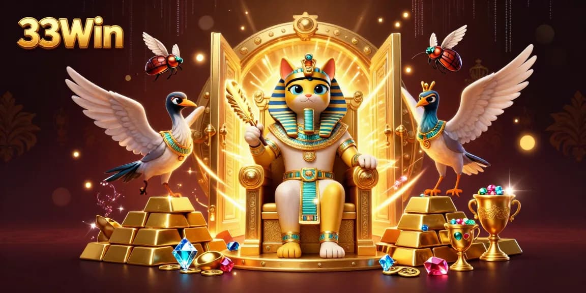 Experience the thrilling 33Win game with a vibrant 3D scene showcasing golden treasures and an Egyptian pharaoh cat.