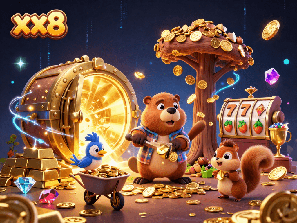 Collect gold coins with xx8's cartoon beaver and companions in a vibrant casino scene.