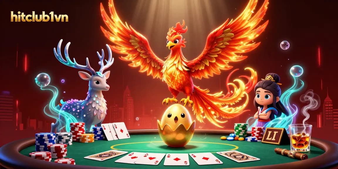 Experience the thrill of win at hitclub1vn with a vibrant casino scene featuring magical creatures and poker elements.