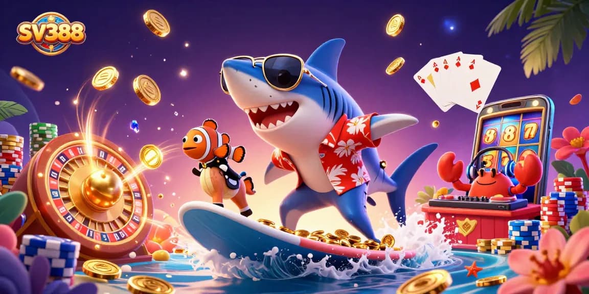 Experience thrilling SV388 action with our dynamic 3D casino illustration featuring lively characters and casino elements.