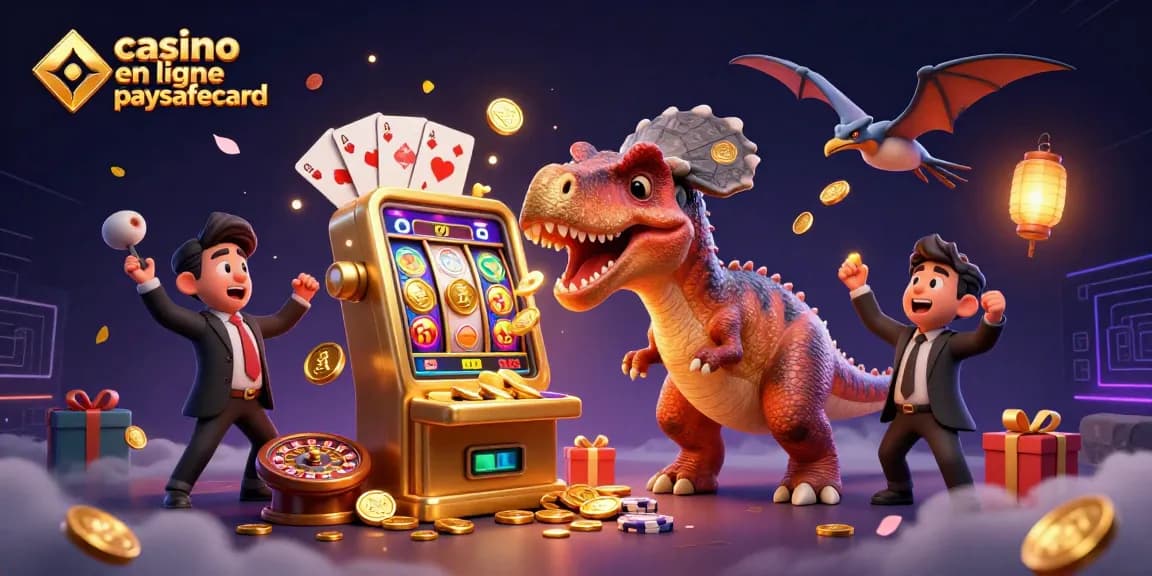 Le casino en ligne paysafecard offre une expérience immersive avec des gains révélés par un dinosaure dans une scène animée.