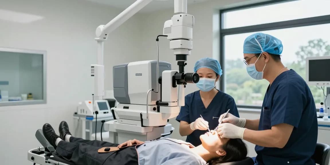 Patient undergoing 올레이저 라섹 디시 procedure at a modern eye clinic.