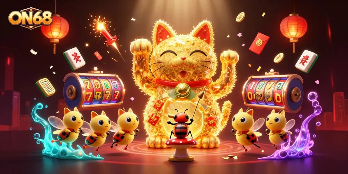 Engage with ON68's exciting gaming adventure featuring vibrant slot reels and a lucky cat!