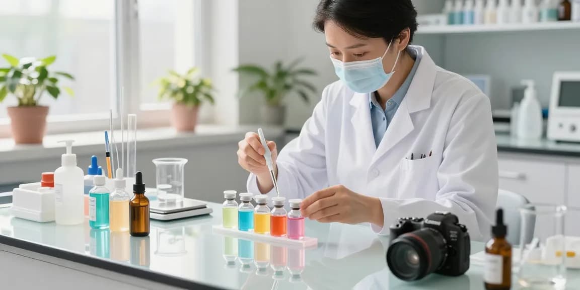 Skin repair peptide formulations being prepared by an expert in a bright skincare lab, showcasing innovative ingredients.