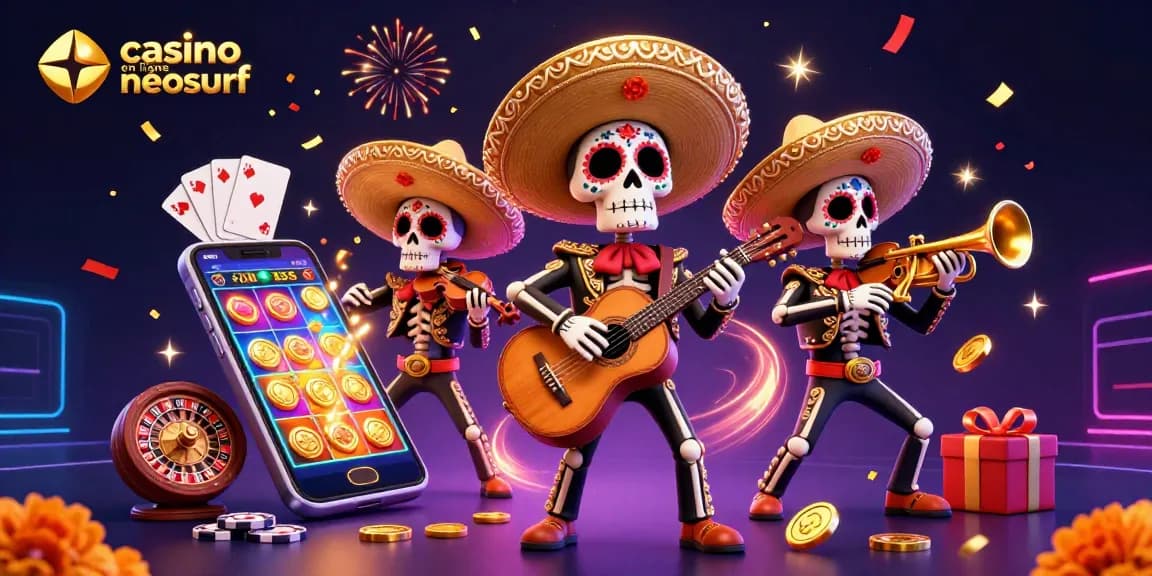 Venez découvrir le casino en ligne Neosurf avec des membres d'un groupe mariachi dans une scène festive.