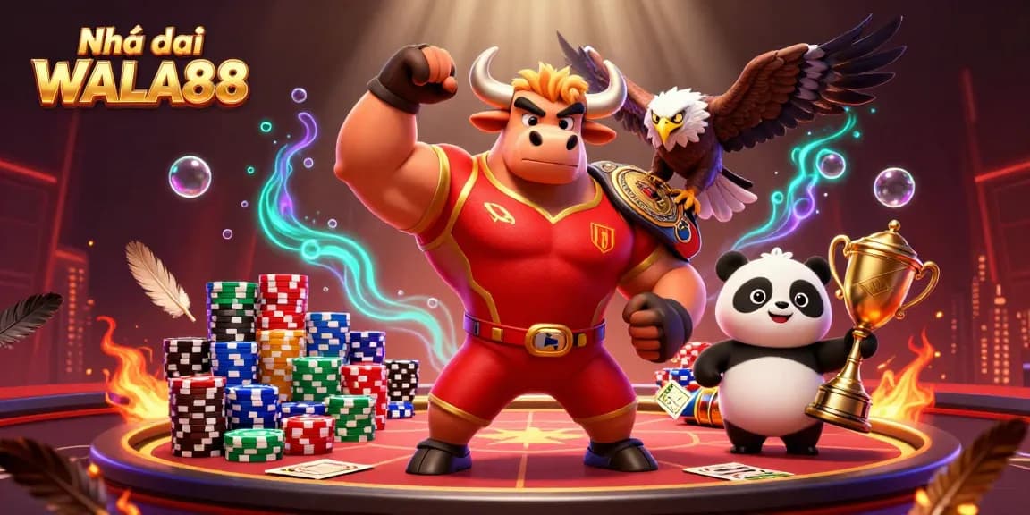 Engage in thrilling cockfighting action with Nhà cái WALA88's vibrant 3D scene featuring champions and poker elements.