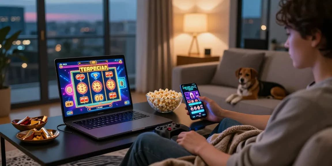 Engaging slot terpercaya gaming experience in a cozy home setting with vibrant visuals and snacks.