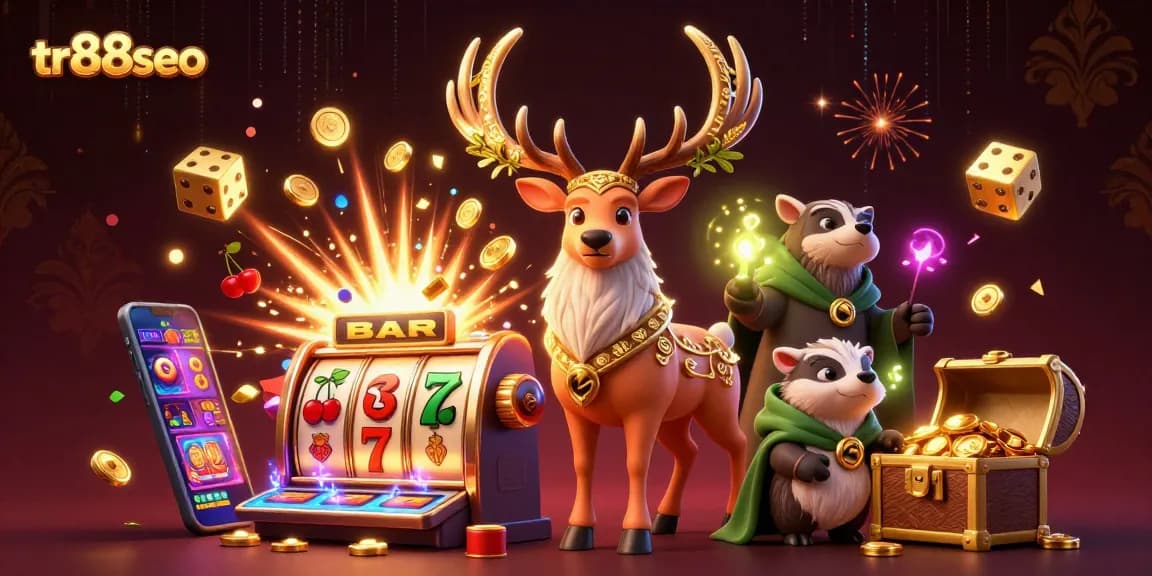 Experience the magic of tr88seo with a vibrant casino scene illustrating a Celtic druid stag and dynamic slot machine action.
