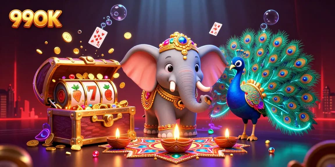 Engage with 99OK's vibrant 3D illustration featuring a cartoon elephant and a peacock amidst casino slots.