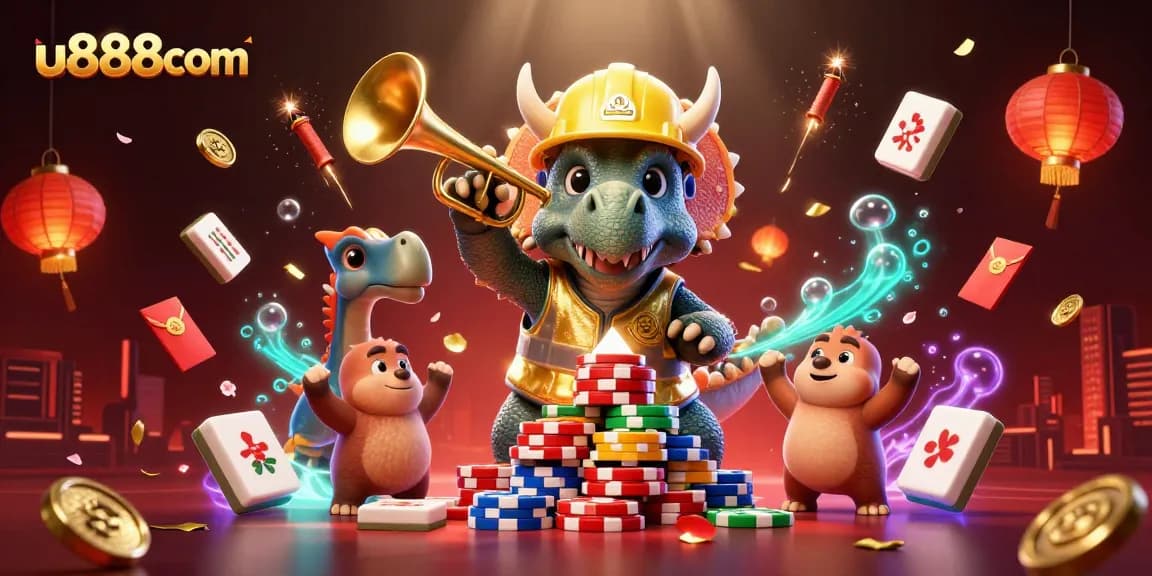 Celebrate wins at u888com with an exciting dynamic casino illustration featuring poker chips and jubilant characters.