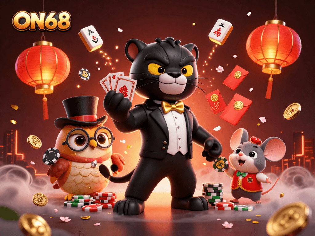Experience thrilling card deals at ON68 with our stylish panther dealer, lucky owl, and charming mouse.