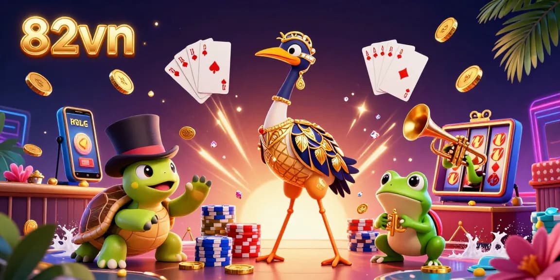 Enjoy thrilling casino experiences with 82vn as characters celebrate around flashing lights and golden winnings.