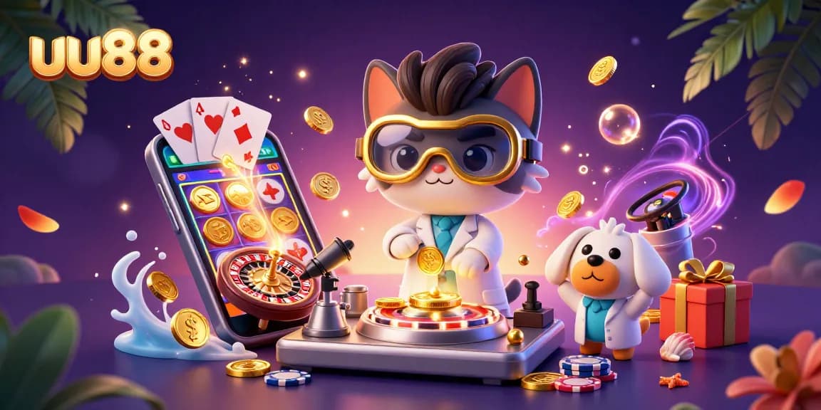 Engage with uu88's vibrant casino world, featuring a mad scientist cat and dog amidst exciting gaming elements.