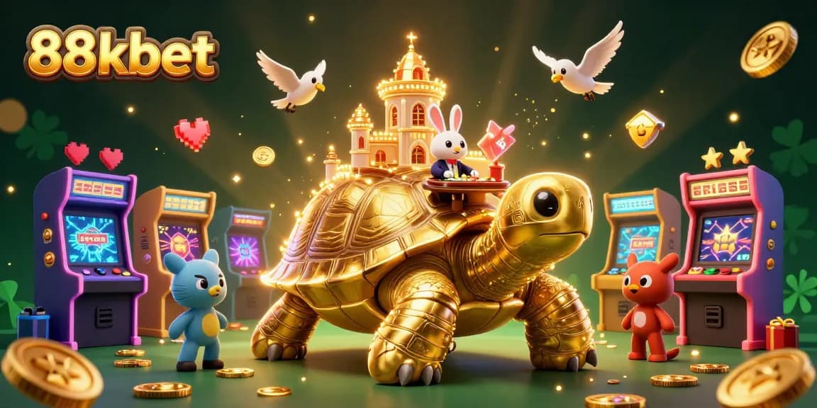 Experience thrilling gameplay with 88kbet at this vibrant casino illustration featuring a rabbit dealer and golden tortoise.