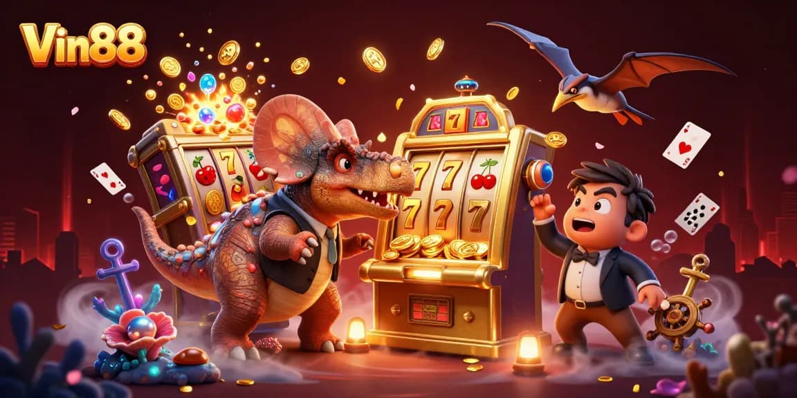 Experience Vin88 excitement with a cartoon dinosaur winning on a golden slot machine!