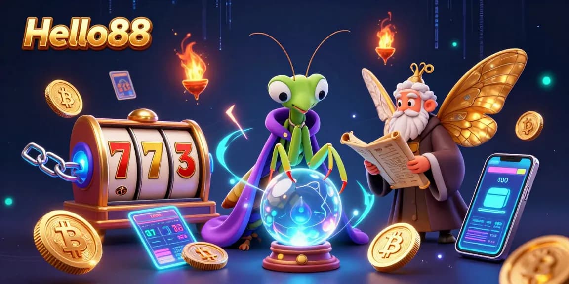 Engage with Hello88, a dynamic casino scene featuring a whimsical fortune teller and mystical elements.