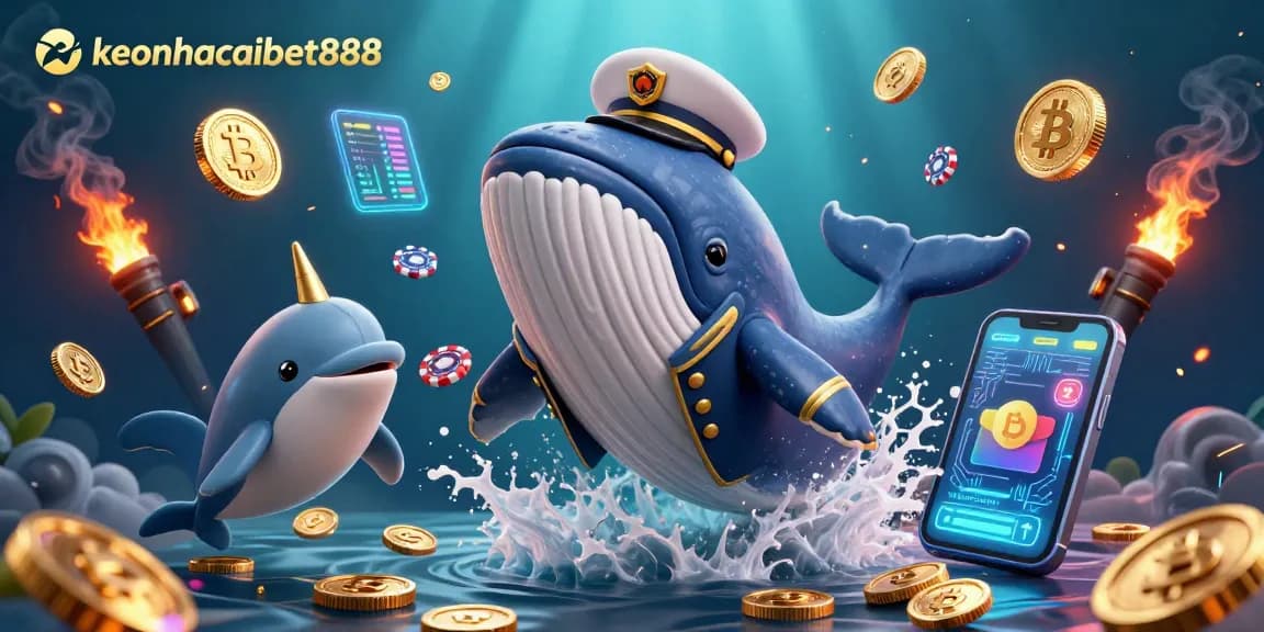 Engage with keonhacaibet888 through this dynamic 3D illustration showcasing a whale and dolphins in a vibrant casino scene.