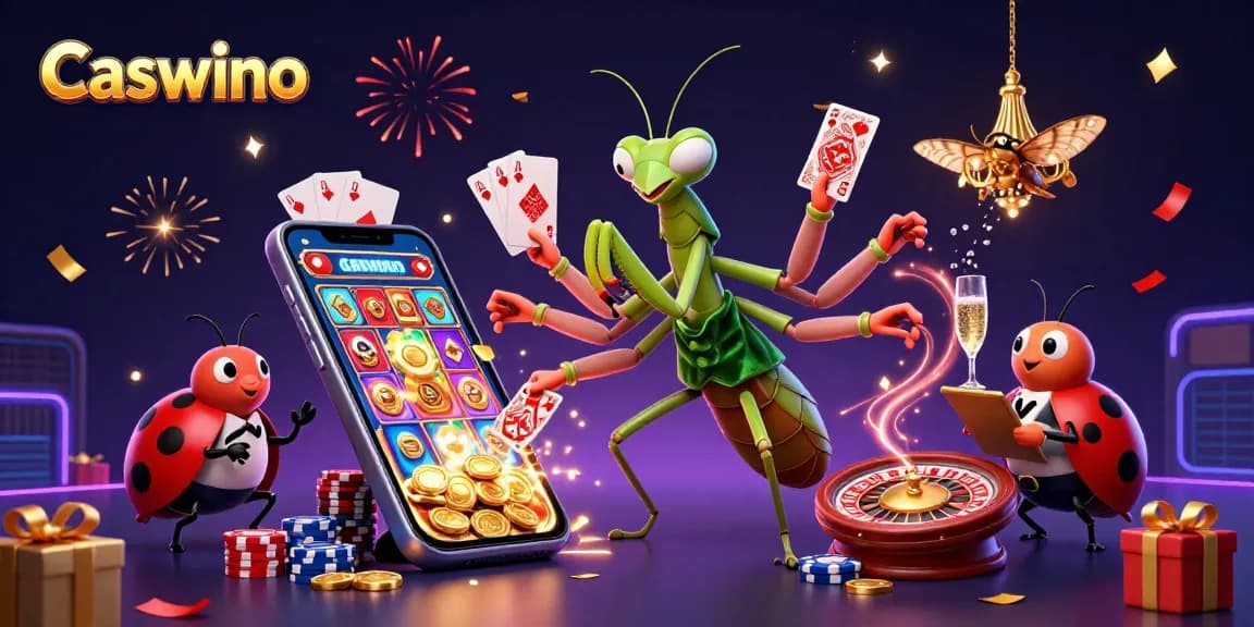 Caswino casino illustration with a praying mantis dealer and a ladybug pit boss amid gaming action and vibrant elements.