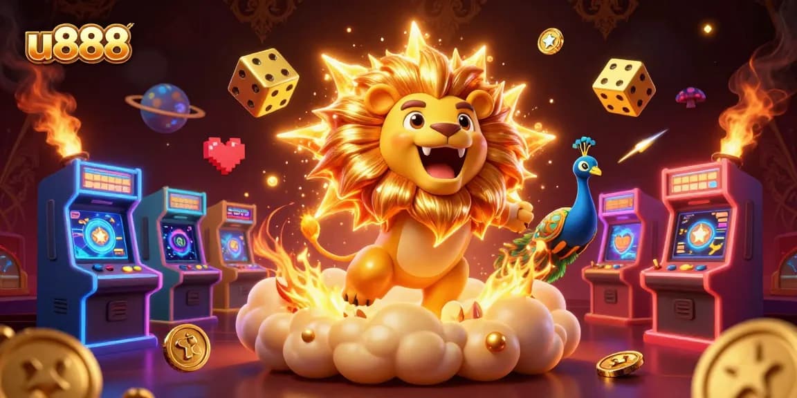 Engage with u888 at a vibrant online casino featuring golden dice and a roaring lion.