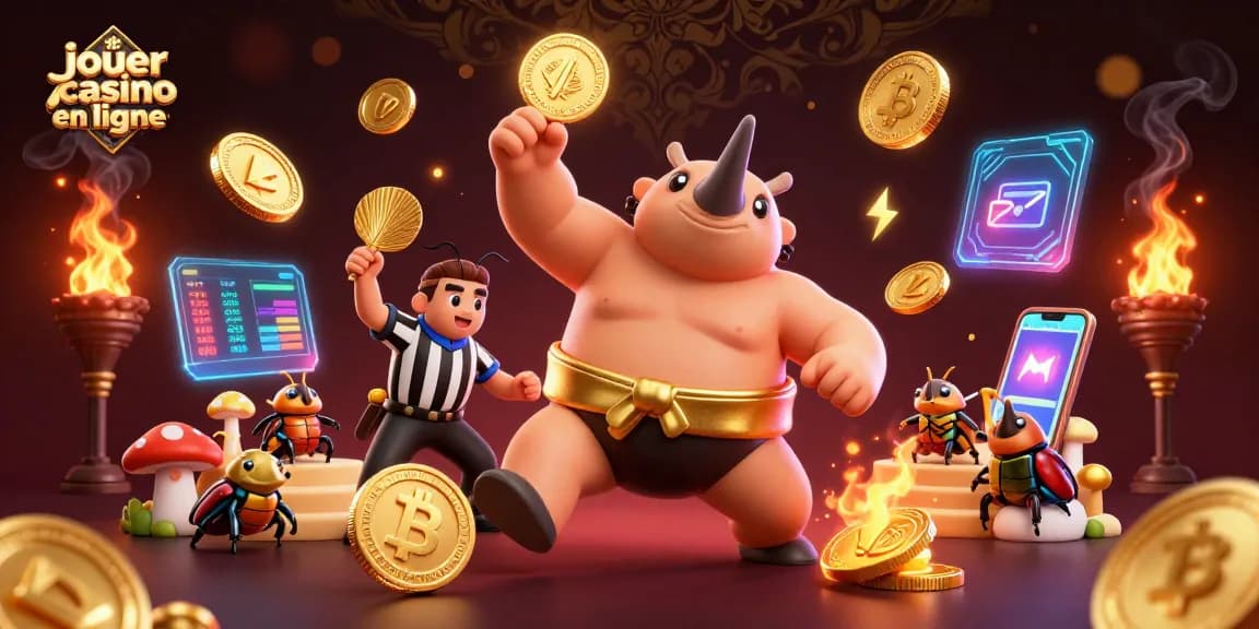 Jouer au casino en ligne avec le sumo rhinocéros, illustrant une expérience vibrante et festive.