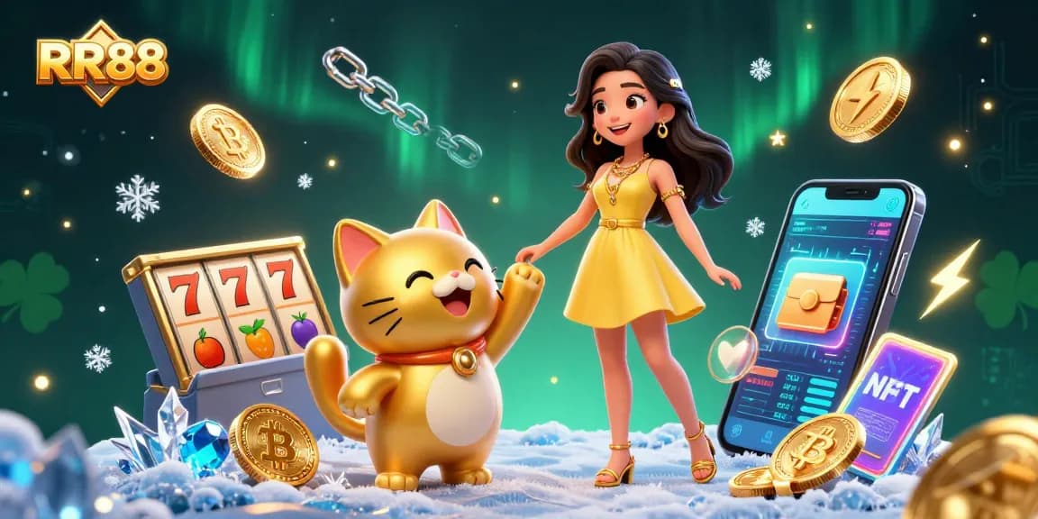 Engage in thrilling gameplay at RR88 with a beautiful Asian woman celebrating with a lucky cat and floating coins.