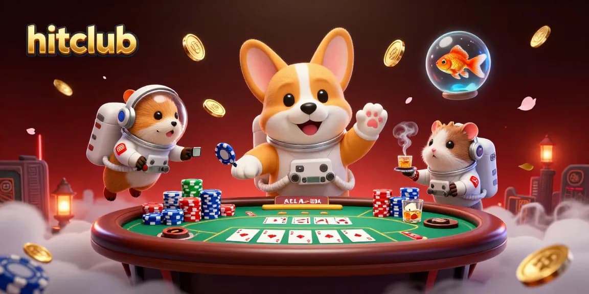 hitclub features an astronaut corgi floating in a space station casino, engaging in thrilling gambling action