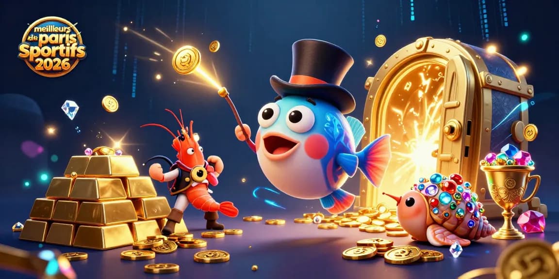 Illustration captivante représentant les meilleurs sites de paris sportifs 2026 avec des personnages animés et des éléments de jeu.