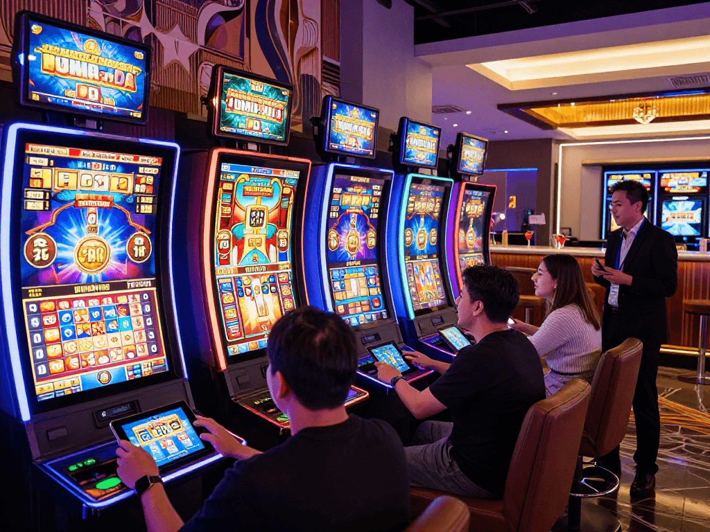 Engaging online gaming scene showcasing slot gacor games with vibrant graphics and excited players celebrating wins.