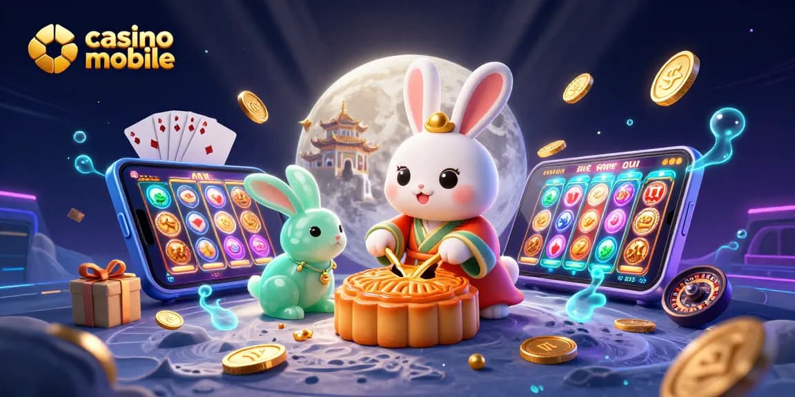 Le casino mobile s'anime avec un lapin lunaire asiatique et des jetons de poker au milieu d'un décor coloré.