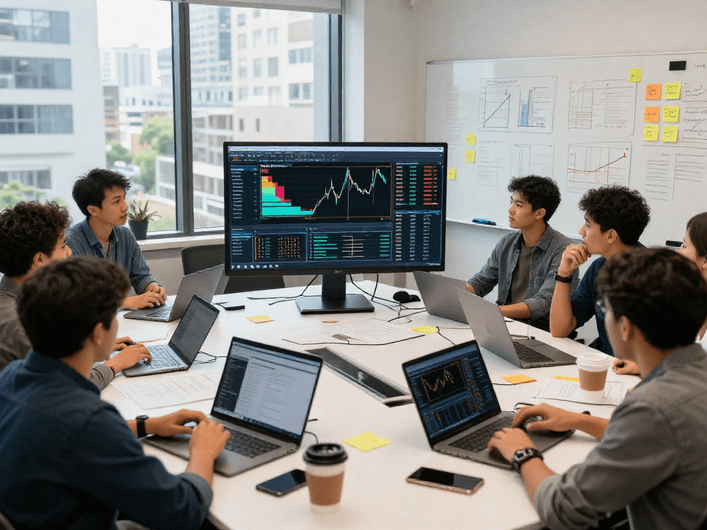 TradingView analytics presentation in a vibrant team collaboration setting, showcasing trading software analysis features.