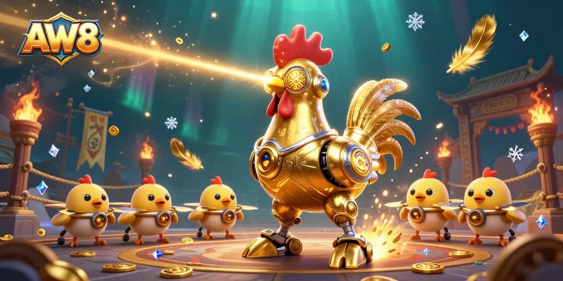 AW8's engaging gameplay experience featuring a futuristic robot and baby chick drones at a vibrant casino scene.