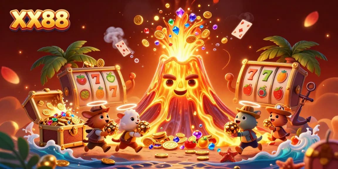 Experience exciting wins at XX88 with a vibrant illustration of a golden volcano erupting treasures and slot game elements.