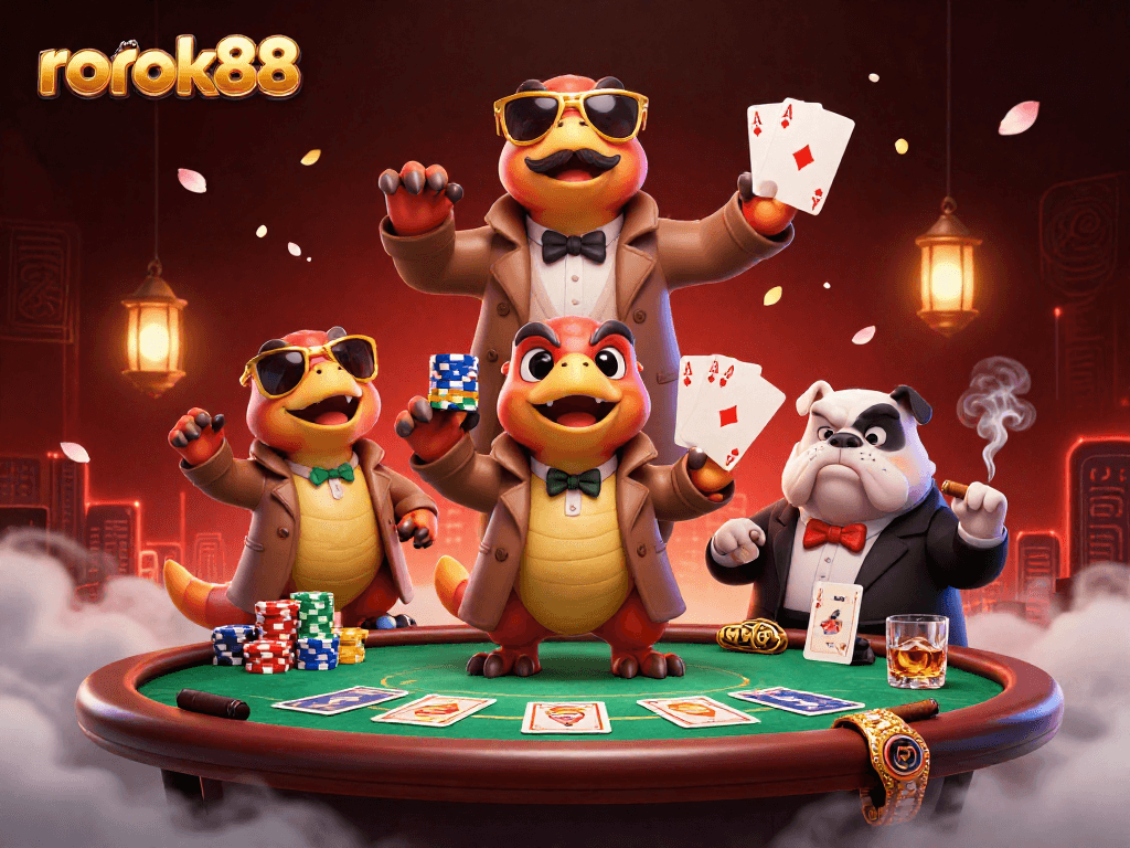 Experience the thrill of rokok88 with three raptors in a trench coat sneakily entering a casino, blending humor and gaming.