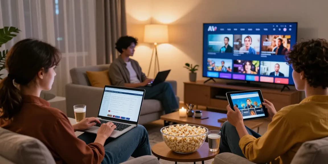 Engaging scene of adults enjoying online content at https://av66th.com/ in a stylish living room.