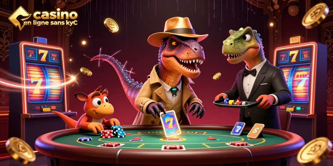 Une scène de casino en ligne sans KYC avec un vélociraptor comptable et un boss stégosaure.