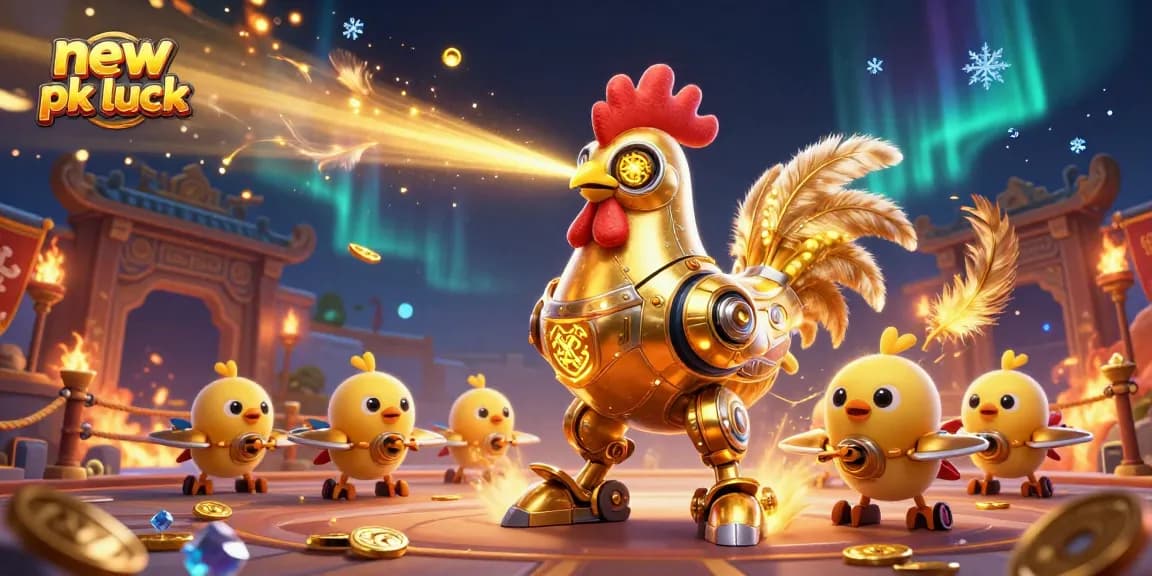 Experience big wins with new pk luck in this vibrant 3D casino scene featuring golden elements and action-packed visuals.