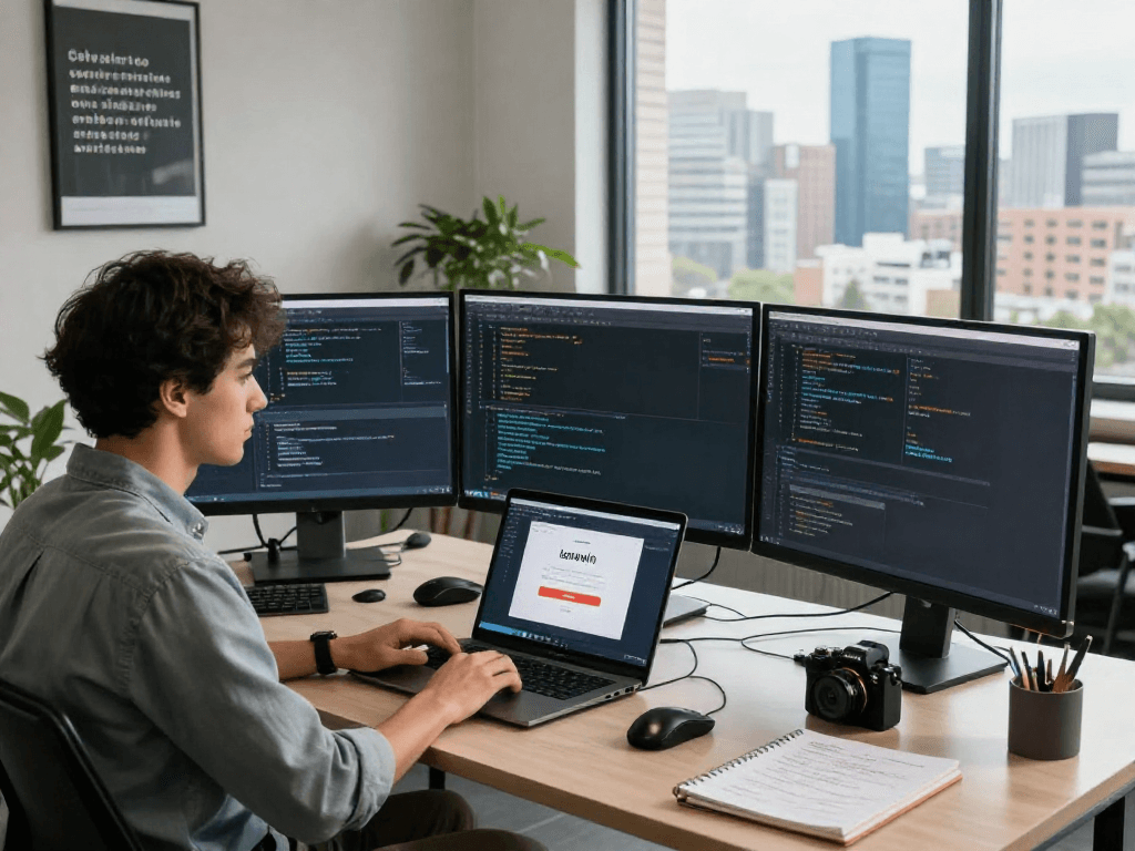 Engaged software engineer logging into lavowin in a modern workspace with city skyline view.