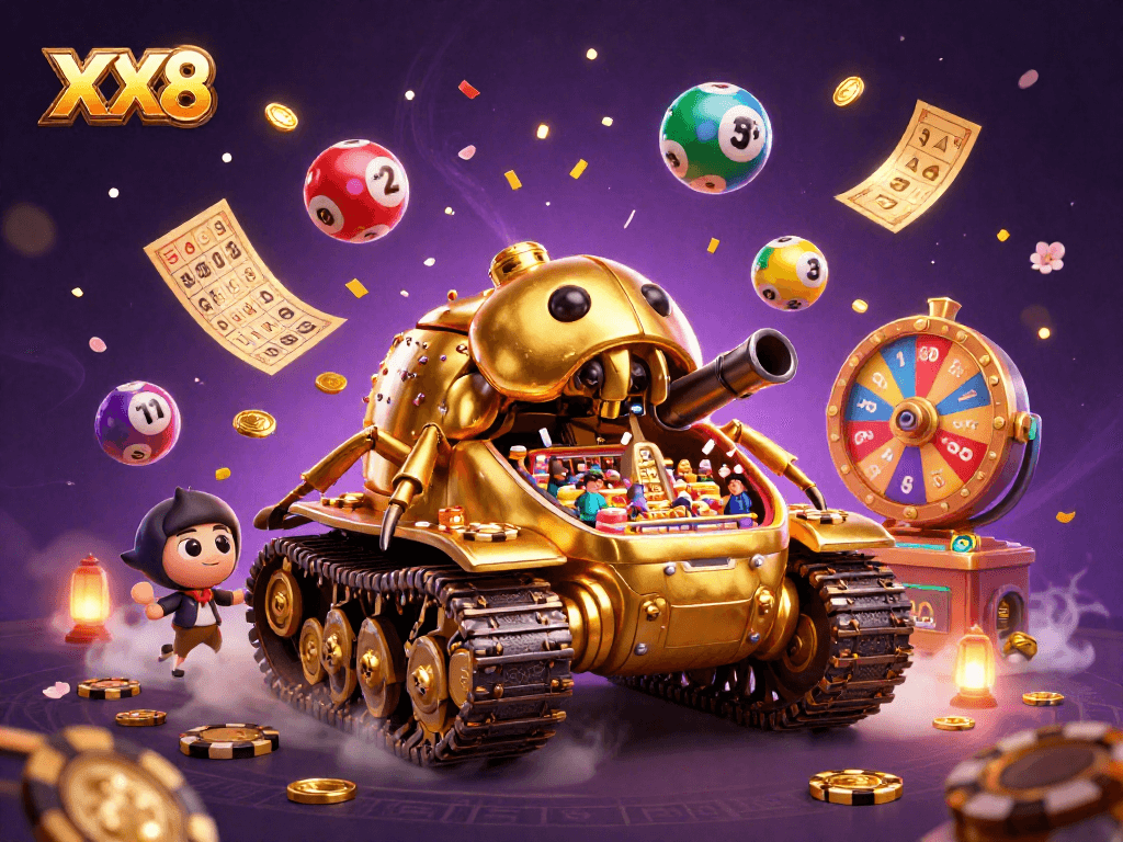 Engage with XX8's colorful casino experience featuring a golden beetle tank and lively lottery elements.