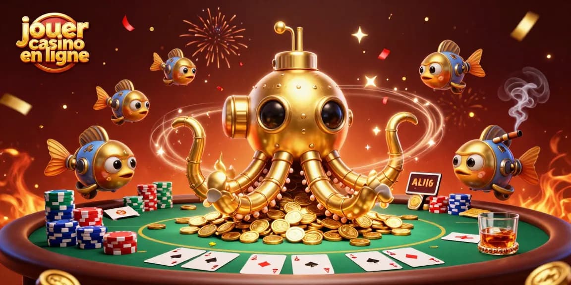 Jouez au casino en ligne avec une illustration captivante de kraken doré et éléments de poker.