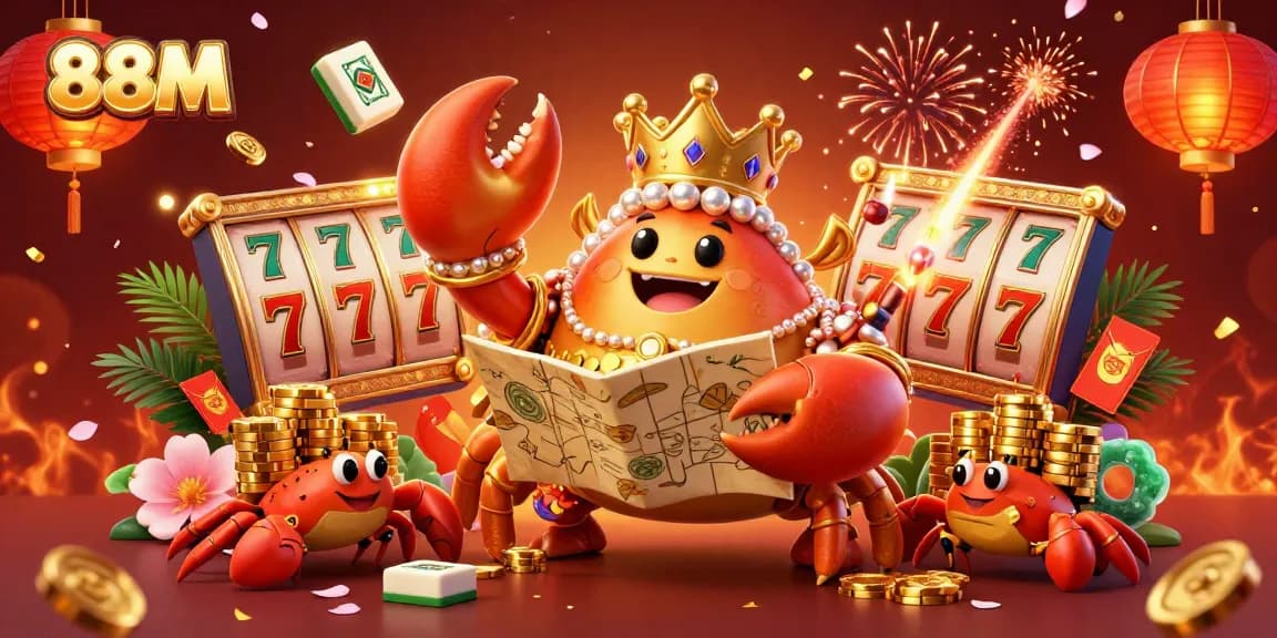 Experience thrilling gambling action at 88M with a golden crab emperor and animated casino elements.
