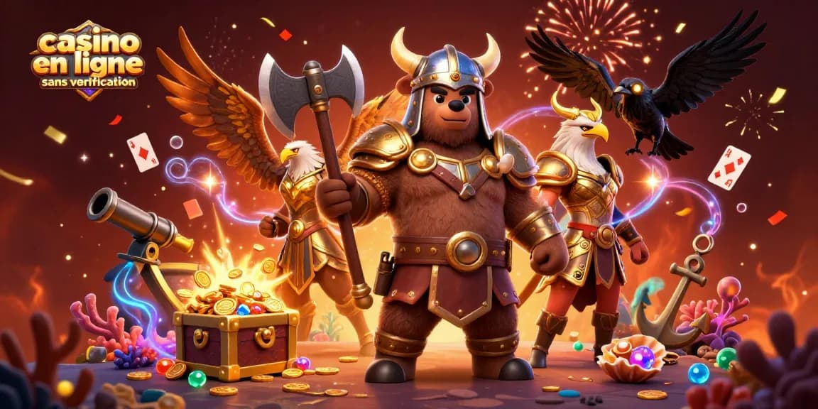 Jouez dans un casino en ligne sans vérification avec un ours viking et une aigle valkyrie, entourés de trésors.