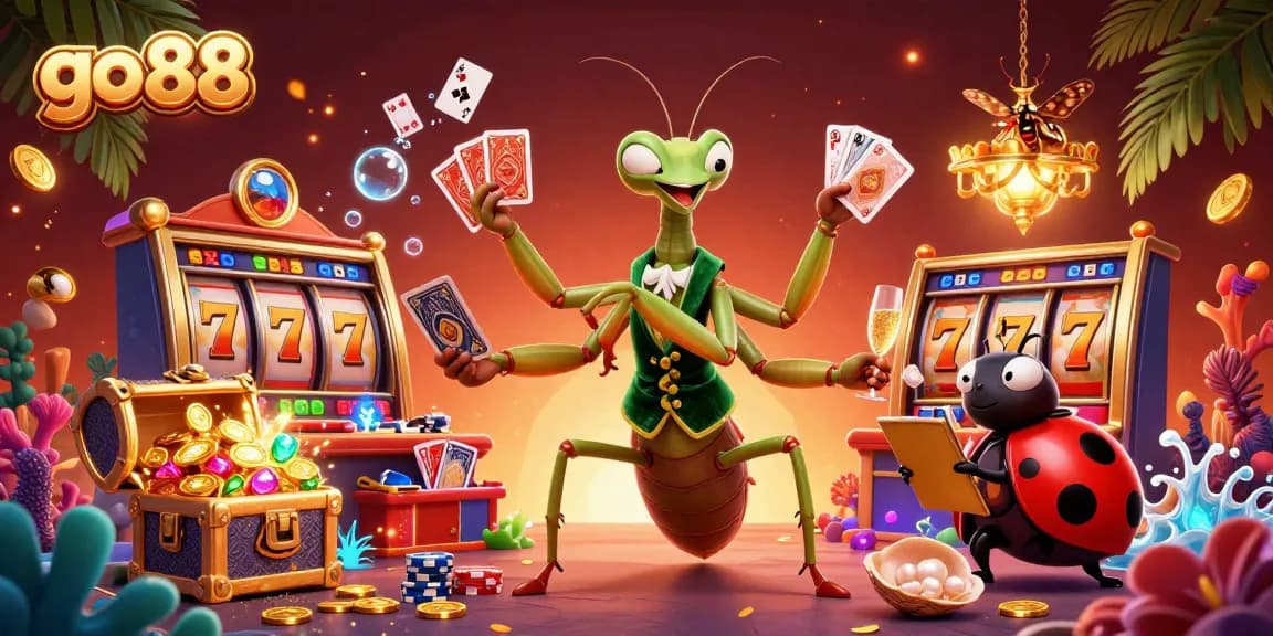 Experience the excitement of go 88 as a 3D cartoon giant praying mantis deals cards amidst vibrant casino elements.
